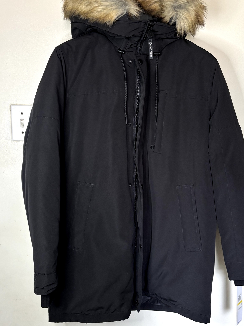 Calvin Klein Black Hooded Puffer Coat with Faux-Fur Trim